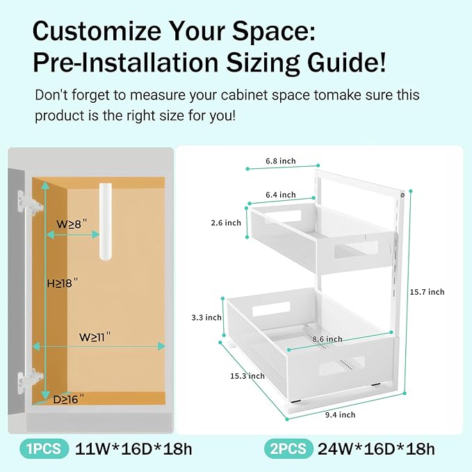 Petiza Under Sink Organizer Adjustable Height 2 Tier Bathroom Organizer Pull Out Cabinet Organer kitchen organizers and storage fridge organizers and storage,White,XL-1 Pack