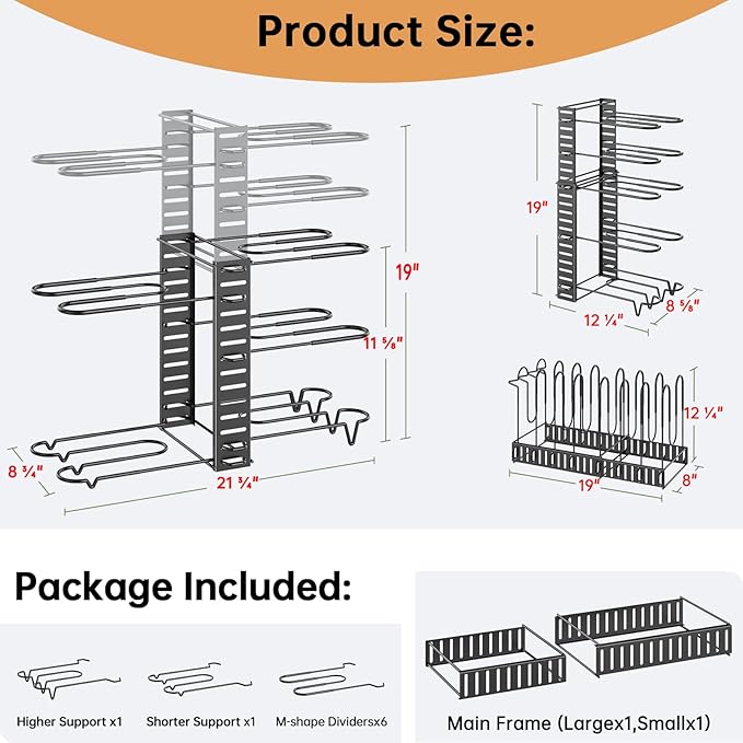 MUDEELA Pots and Pans Organizer Rack under Cabinet 8-Tiers Adjustable Pot Rack with 3 DIY Methods, Expandable 11.65'' to 19" Pot Lid Organizer for Kitchen Pantry Cabinet Organization and Storage