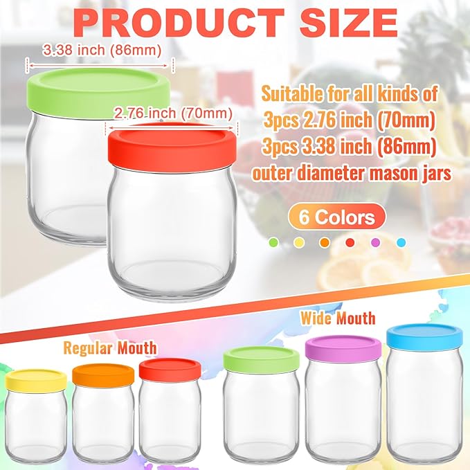 6 Pcs Silicone 3 Wide Mouth and Regular Mouth 3 Regular Mouthlids Mason Jar Lids Thickened Leak Proof Lid, Reusable Large Canning Jar Caps Housewarming Gift (Red Orange Yellow Green Blue Purple)