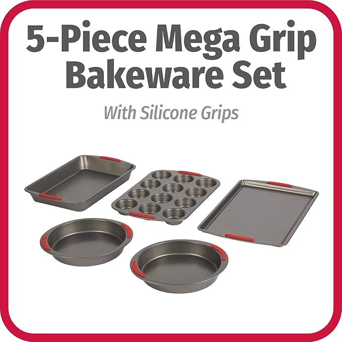 GoodCook 5-Piece Mega Grip Nonstick Bakeware Set – Cookie Sheet Pan, 2 9” Round Cake Pans, 13” x 9” Bake & Roast Pan, 12-Cup Muffin Pan - Baking Supplies, Baking Pans Set
