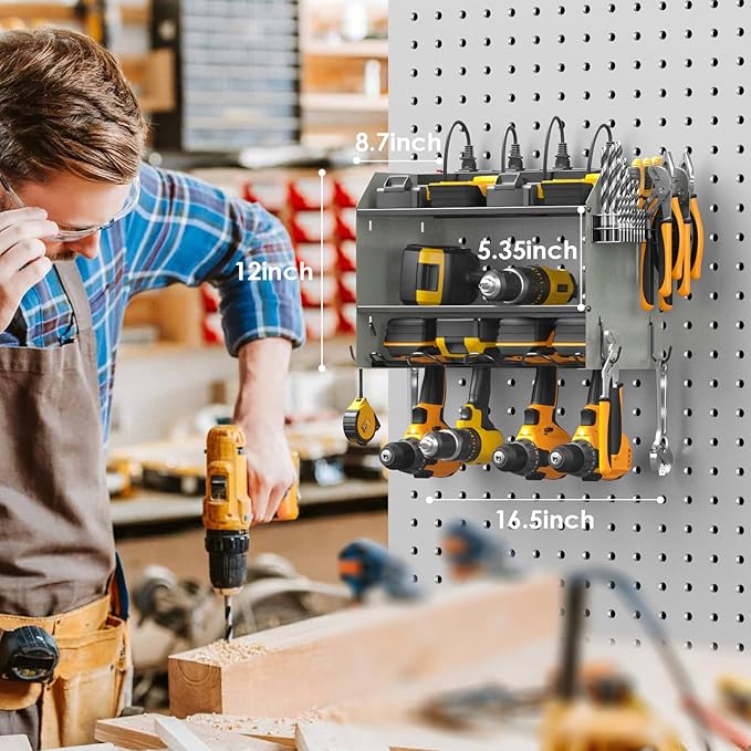 CCCEI Modular Power Tool Organizer Wall Mount with Charging Station. Garage Drill Storage Shelf with Hooks, Heavy Duty Rack, Tool Battery Holder Built in 8 Outlet. Gift for Men. Grey, 1 Pack.