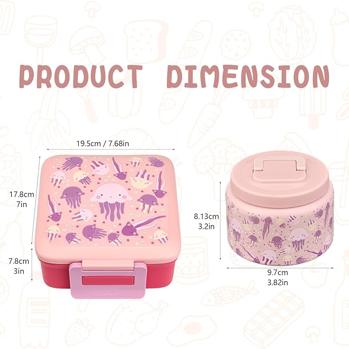 Bento Lunch Box for Kids with 8oz Soup Thermo,Leak-Proof Lunch Containers with 5 Compartment,Thermo Food Jar Food Containers for School (Pink-Jellyfish)