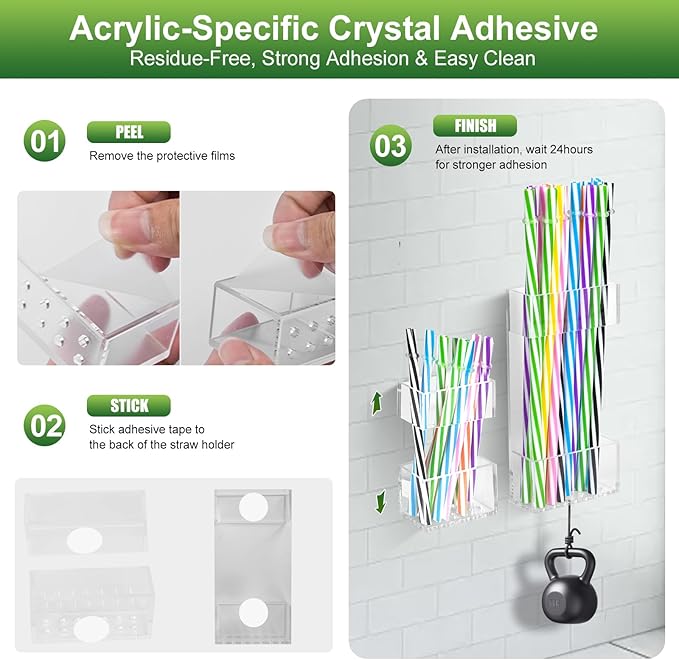 2 PACK Acrylic Straw Holder for Cabinet Doors, Reusable Straw Organizer with Ultra-Sticky Adhesive, Small Kitchen Accessories Container, Fits Both Short & Long Straws (Transparent)