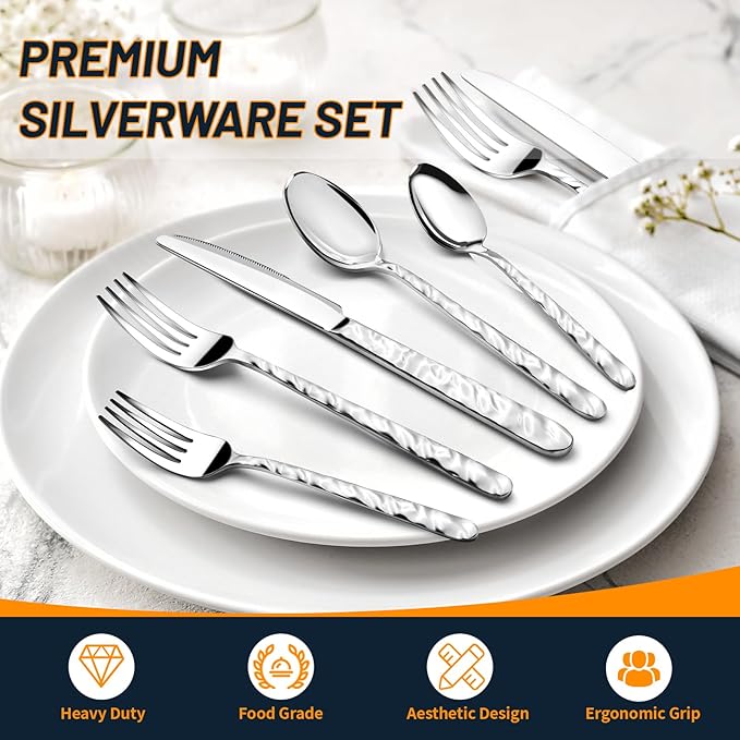 NICE KITCHEN Silverware Set, 40 Piece Premium Stainless Steel Flatware Set for 8, Heavy Duty Silverware Cutlery Sets with Wavy Patterns, Spoons and Forks Set, Mirror Polished, Dishwasher Safe