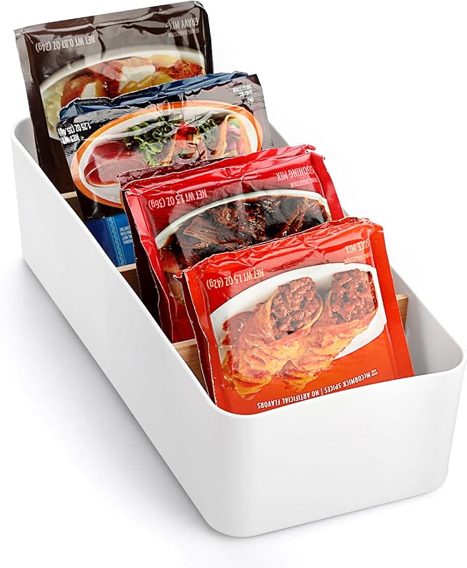 BSTKEY Seasoning Packet Organizer, Food Storage Organizer with Divided 4 Bamboo Wood Compartments, Plastic Storage Caddy for Kitchen Pantry Cabinet, Kitchen Organization Bin for Snacks Spice Packets
