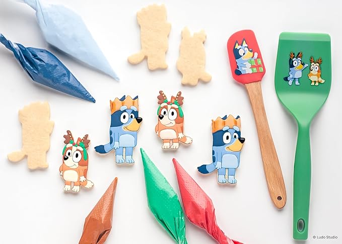 Handstand Kitchen Bluey Holiday Baking Set with Bluey and Bingo Cookie Cutters, Rolling Pin, Spatula and Flipper