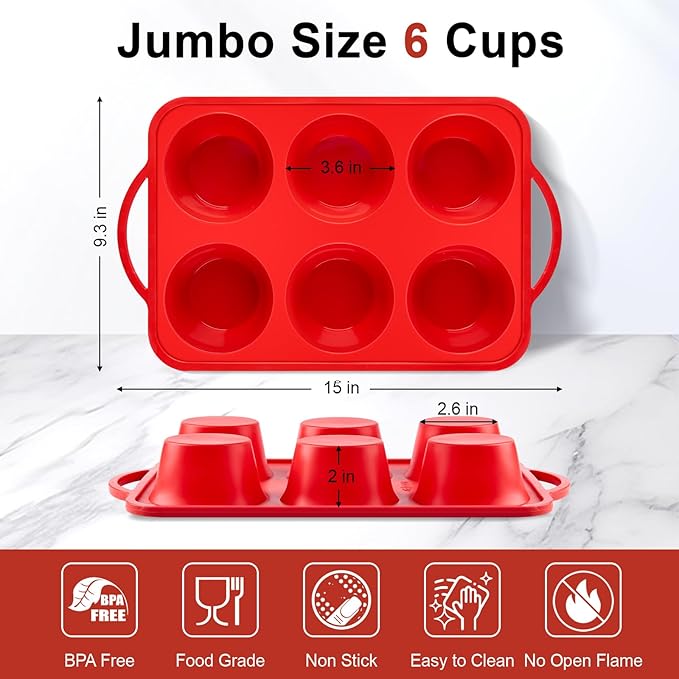 Puyeipt 2 Pack Jumbo Muffin Pans with Metal Frame, 6 Cup Large Cupcake Molds with Handles, Silicone Egg Bite Baking Trays, BPA Free & Non-Stick
