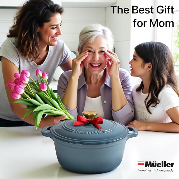 MUELLER HOME 7.5 Quart Enameled Cast Iron Pot Dutch Oven, Heavy-Duty, Oven-Safe up to 500° F & Across All Cooktops, Bread Pan with Lid & Knob, Cast Iron Cookware, Blue Kitchen Accessories,Mineral Blue