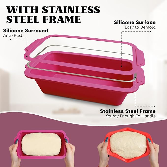Bread Pans for Homemade Bread：9.5 x 5 Inch Silicone Loaf Pan for Baking with Metal Frame - Nonstick Banana Loaf Tin Tray for Sandwich Sourdough Pumpkin Sour Dough - for Oven Kitchen Home Bakers