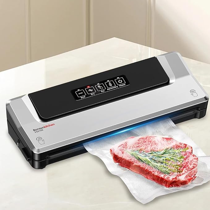 Bonsenkitchen Vacuum Sealer Machine, Fast-Compact Food Sealer, Multi-Functional Food Vacuum Sealer with 5 Vacuum Bags & Accessory Hose, Technology for High-Speed Continuous Working, Silver