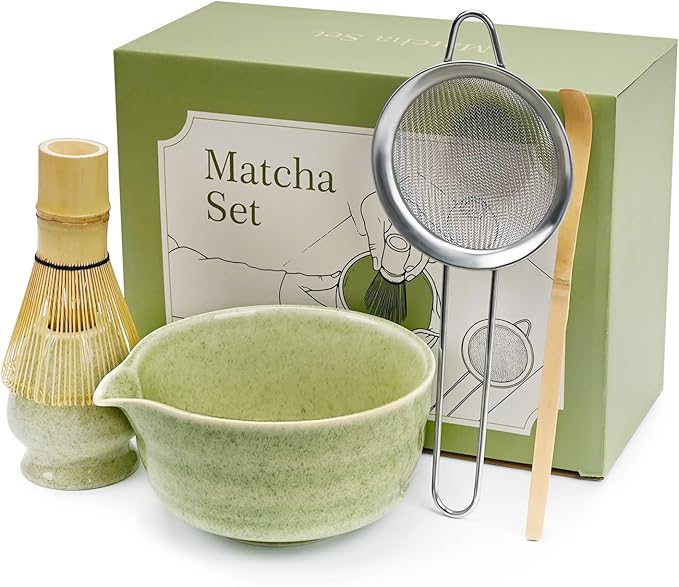 Green Matcha Whisk Making Set - Japanese Tea Kit with Whisk Bowl and Bamboo Scoop Ceramic Chawan with Spout for Traditional Tea Ceremony Complete Matcha Making Tools Gift for Tea Lovers (Green, 5 PCS)