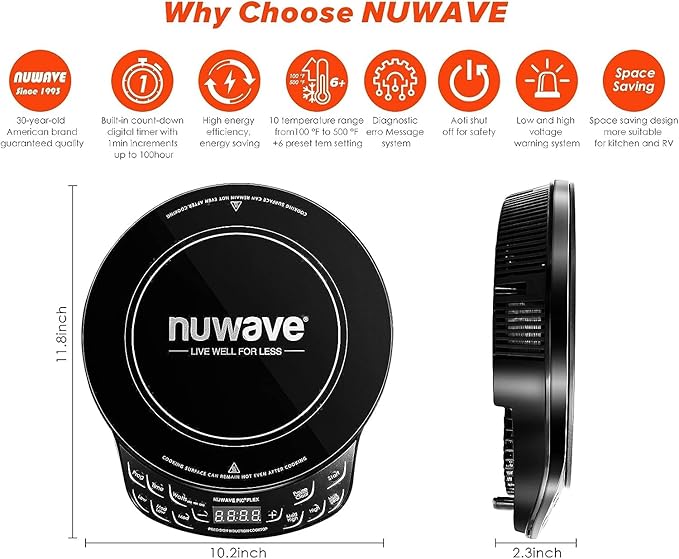 Nuwave Precision Induction Cooktop, 10.25” Shatter-Proof Ceramic Glass, 6.5” Heating Coil, 45 Temps from 100°F to 500°F, 3 Wattage Settings 600, 900 & 1300 Watts