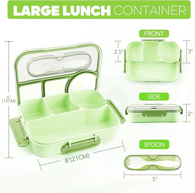 EASYFUN Bento Box Adult, Lunch Box, 4-Compartment Lunch Containers, Drop-Proof, Dishwasher Safe & Made with BPA-Free Materials (Green)