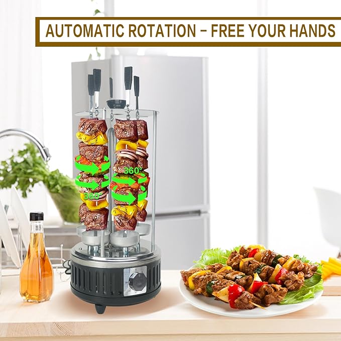 Upgraded Countertop Vertical Rotating Oven - Rotisserie Shawarma Machine, Kebob Machine, Stainless Steel Body W/Heat Resistant Door, Includes 5 Skewers & 5 Oil Collecting Cups, US Plug, 110V