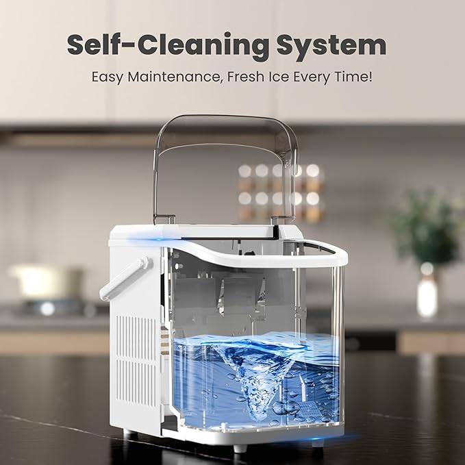 DUMOS Countertop Ice Maker with Handle, 26lbs/24H Portable Ice Machine, 9 Bullet Ice Cubes Ready in 6 Mins, Self-Cleaning, Quiet Compact Ice Maker for Home, Kitchen, RV, Camping, White