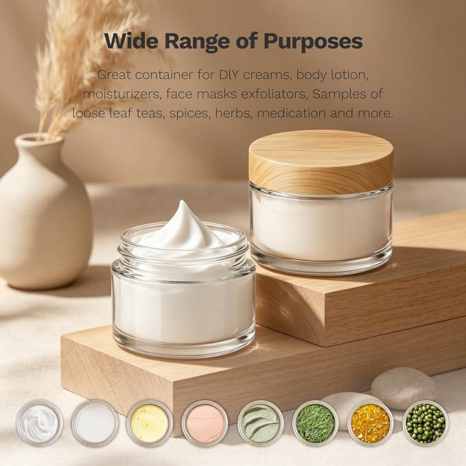 1 oz Glass Jars with Plastic Woodgrain Lids, Bumobum 48 pack Round Clear Cream Jars with Black and White Labels & Inner Liners, Empty Cosmetic Containers for Cream, Lotion, Ointment