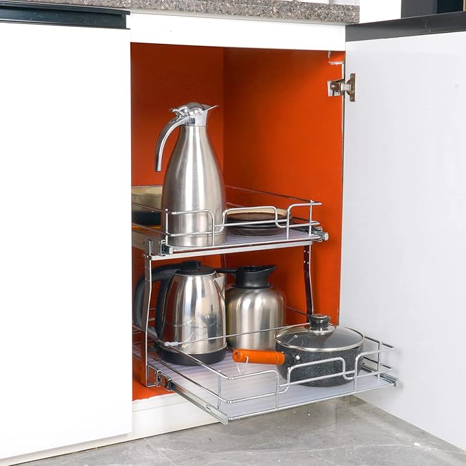 VEVOR 2 Tier 17"Wx21.2"Dx15.2"H Pull Out Cabinet Organizer, Heavy Duty Slide Out Pantry Shelves, Steel Roll Out Drawers, Sliding Drawer Storage for Home, 18.5"Wx22.5"Dx19"H Install Size for Cabinet