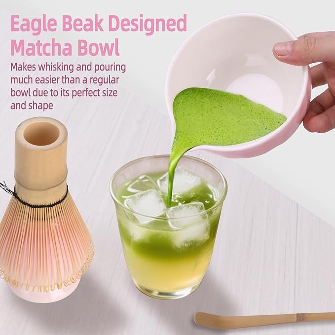 Matcha Whisk Set,4pcs Matcha Set Whisk and Bowl with Spout,Ceramic Matcha Whisk Holder,Scoop(Chashaku),Matcha Kit for Matcha Lovers Kitchen Matcha Accessories,Ideal Gift Christmas(Gradient Pink)