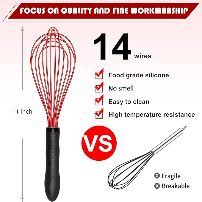 TEEVEA Silicone Whisk Non Scratch Wisking Tool, Metal Wire Stainless Steel Whisk - Small Mini Heat Resistant - Black & Red, 11-Inch