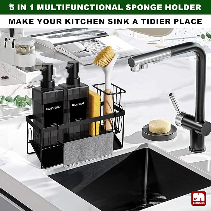 GMISUN Dish Soap Dispenser for Kitchen, 12 fl oz / 350 ml Dual Kitchen Soap Dispensers with Sponge Holder, Transparent Black Glass Kitchen Soap Dispenser Set, Modern Hand and Dish Soap Bottle Set