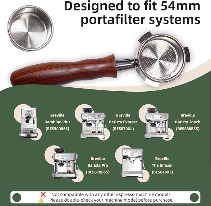 54mm Bottomless Portafilter for Breville Barista Express/Pro/Touch/Bambino18-21g Precision Basket, Stainless Steel 304 Filter Basket, Naked Portafilter for Espresso Extraction(Rosewood)
