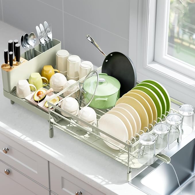 Urackify Large Dish Drying Rack, Expandable Dish Racks for Kitchen Counter, Multifunctional Dish Drainer with Utensil Holder & Cup Holder, 18.5"-26.7" L x 12.7" W, Soft Celery Green