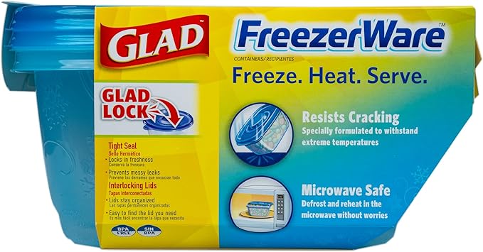 Glad GladWare FreezerWare Food Storage Containers with Lids, Large Rectangle BPA Free Plastic for Freezing Soups Meals and Batch Cooking, Crack Resistant, Microwave Dishwasher Safe, 64 Oz, 2 Count
