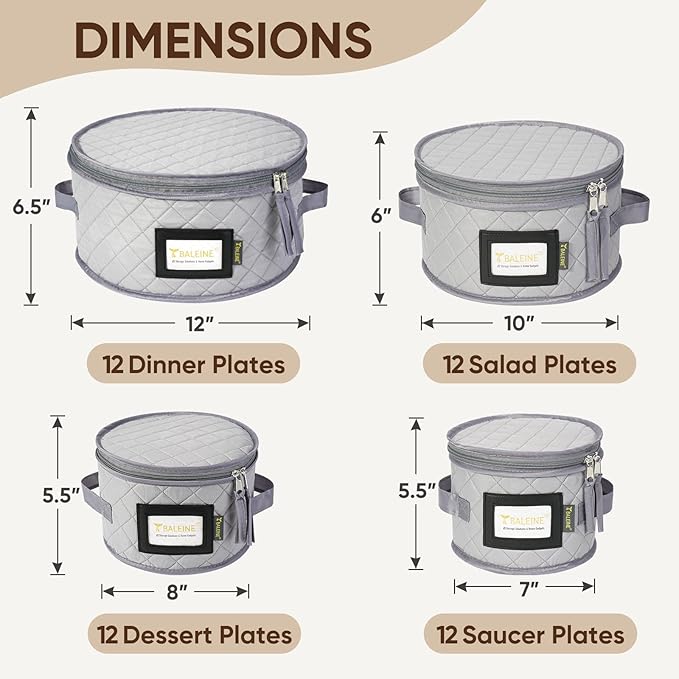 BALEINE China Storage Containers, Sturdy Quilted Wine Glass Storage, Plate Organizer with Carry Handles, Moving Boxes for Dishes, Cups, Mugs and Stemware (Plate Set, Soft Shell Grey)