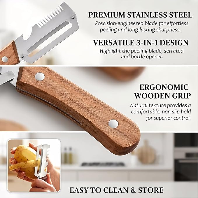 2-Pack Premium Vegetable Peeler with Wooden Handle and Bottle Opener, Multi-Functional Vegetable Peeler for Kitchen, Kitchen Gadgets Tool for Fruit Pumpkin Peeling Potato Carrot Veggie Peeler