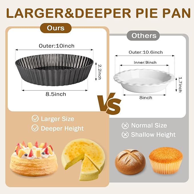 2 Pack 10 Inch Pie Pan with Removable Bottom – Deep Dish Quiche Tart Pan, Nonstick Fluted Pie Dish for Baking Apple Pot Pies, Cheesecake & Desserts, Suitable for baking enthusiasts