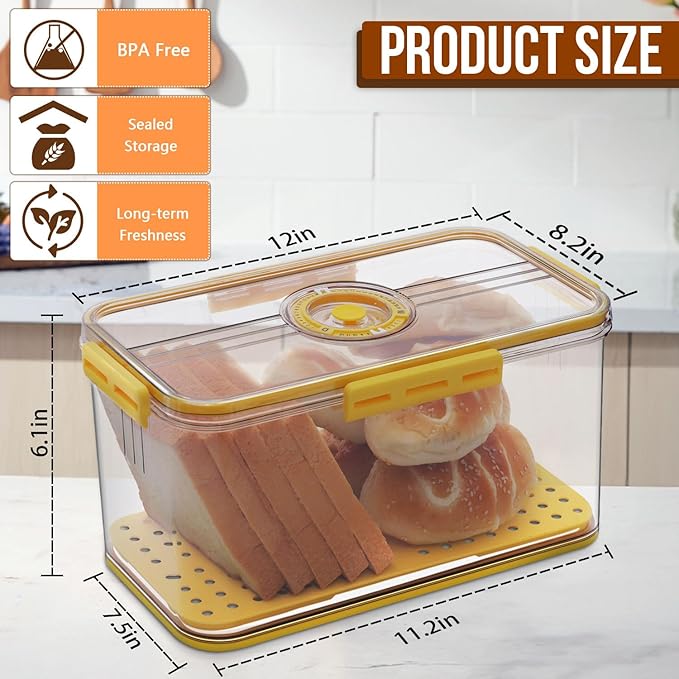 Gifhomfix Bread Box Bread Boxes for Kitchen Counter Airtight, Time Recording Bread Storage Container with Lid, Bread Keeper for Homemade Bread, Toast, Bagel, Donut and Cookies, LARGE Yellow