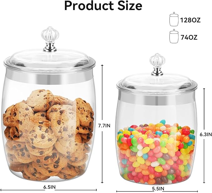2 Pcs Candy Cookie Jar with Lids - 128 Oz & 74 Oz Plastic Clear Airtight Containers Large Kitchen Pantry Food Apothecary Storage Sealed Canisters for Coffee Cereal Pasta Flour Rice Snack