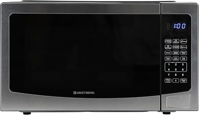 West Bend Microwave Oven 1000-Watts Compact with 6 Pre-Set Cooking Settings, Time and Weight Defrost, Electronic Control Panel and Glass Turntable, 1.1 Cu.Ft., Stainless Steel
