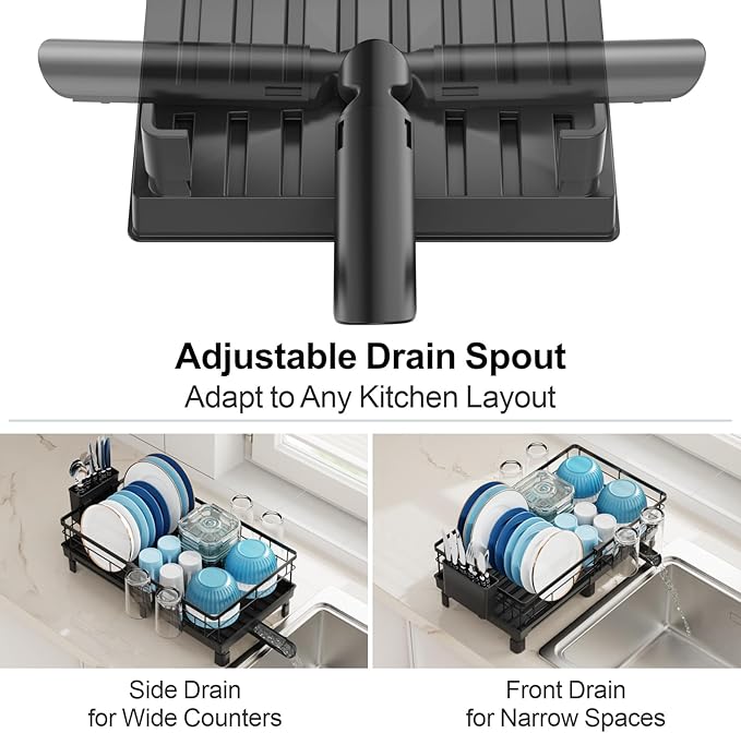 GSlife Expandable Dish Drying Rack for Kitchen Counter, Compact Space-Saving Dish Rack with Drainboard, Rustproof Dish Drainer for Small Kitchen, Apartment, RV, 12.2" W x 12"-20.5" L, Black