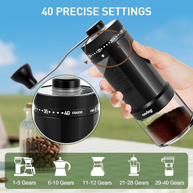 Original Creator of 60g Large Capacity Manual Coffee Grinder, Portable Hand Burr Mill with 40 Adjustable Settings, Ceramic Conical Burr for Espresso, Pour Over, Camping, Travel & Gift