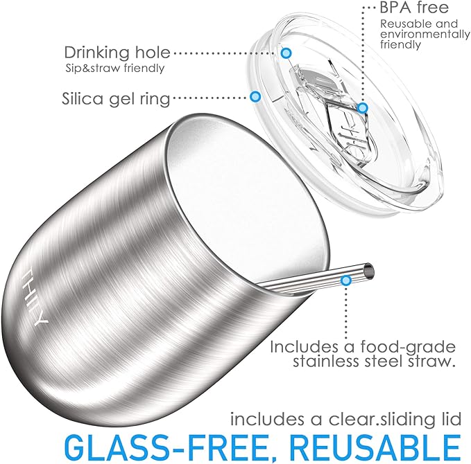 THILY Metal Insulated Stemless Wine Glasses 4 Pack Stainless Steel Wine Tumbler with Lid and Straw, Travel Cup Set, Reusable, Keep Cold & Hot for Wine, Coffee, Drinks, Silver