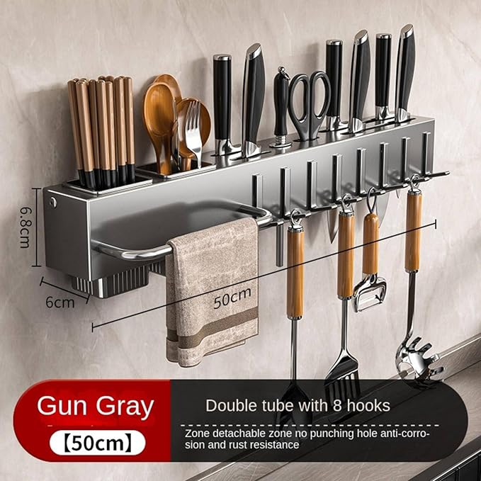 New Multi-Functional Kitchen Rack Home Wall-Mounted Knives Chopstick and Spoon Storage Rack Punch-Free cookware draining Rack, 40, Gray