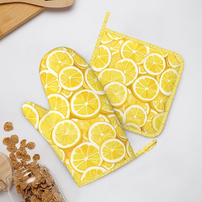 Oven Mitts and Pot Holders Lemon Watercolor Yellow Silicone Kitchen Accessories Set of 4 Heat Resistant Long Gloves Potholder Non-Slip Grip for Chef Cooking Baking Grilling BBQ
