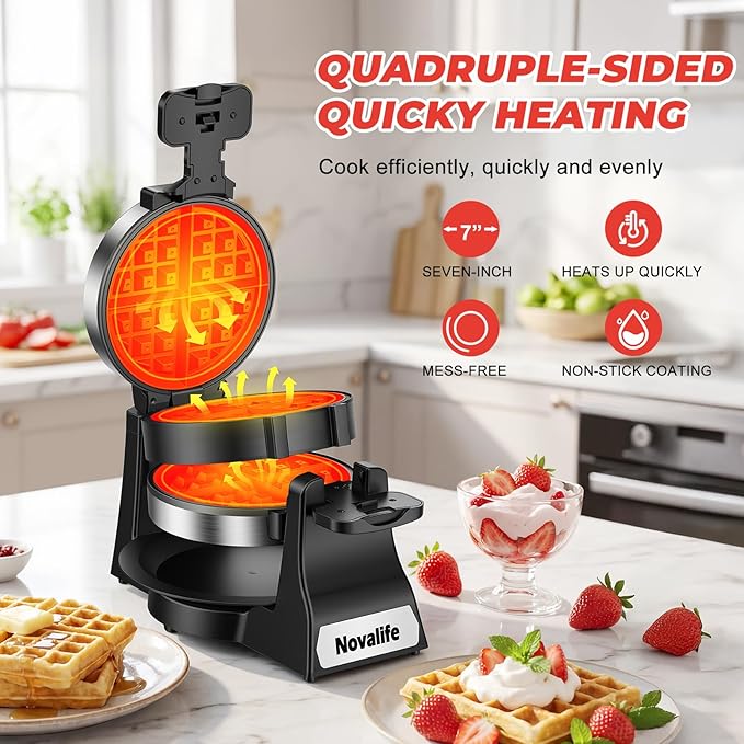 Waffle Maker, 1400W Belgian Waffle Maker, Double Waffle Iron 180° Flip, 8 Slices, Rotating & Nonstick Plates, Removable Drip Tray Easy to Clean, Locking Buckle & Cool Touch Handle, Stainless Steel