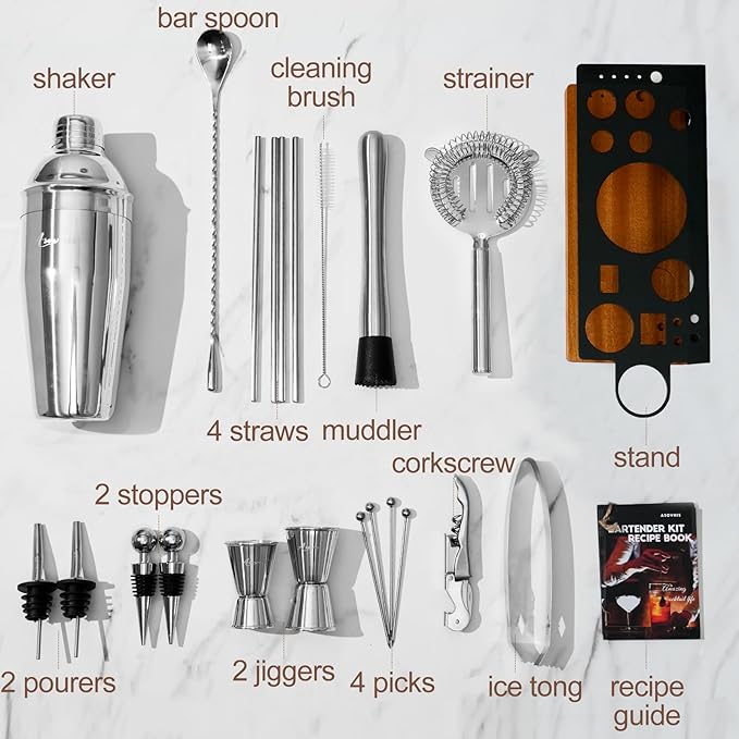 23-Piece Bartender Kit, Cocktail Shaker Set with Stand | Bar Set Drink Mixer Set with All Essential Bar Tools: Martini Shaker,Bar Mixer Spoon, Jigger, Strainer, Muddler, Pourers, for Home, Bar, Party