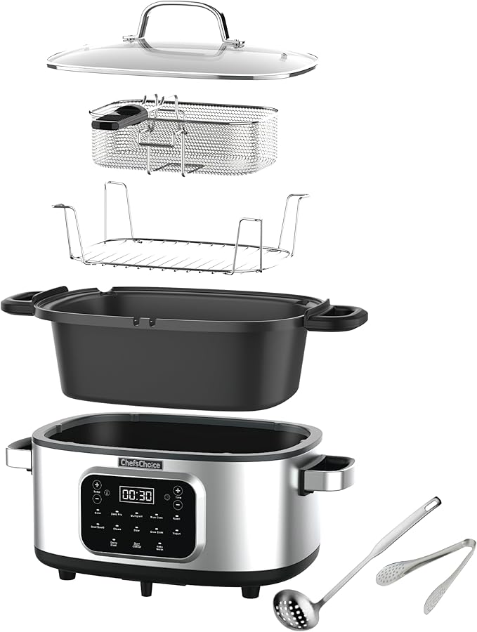 Chef'sChoice Multicooker, Large 6-Quart Capacity Multipurpose Non-Stick Vessel and Variable Temperature Control with Keep Warm and 12 Cooking Presets, 1300-Watts, Stainless Steel