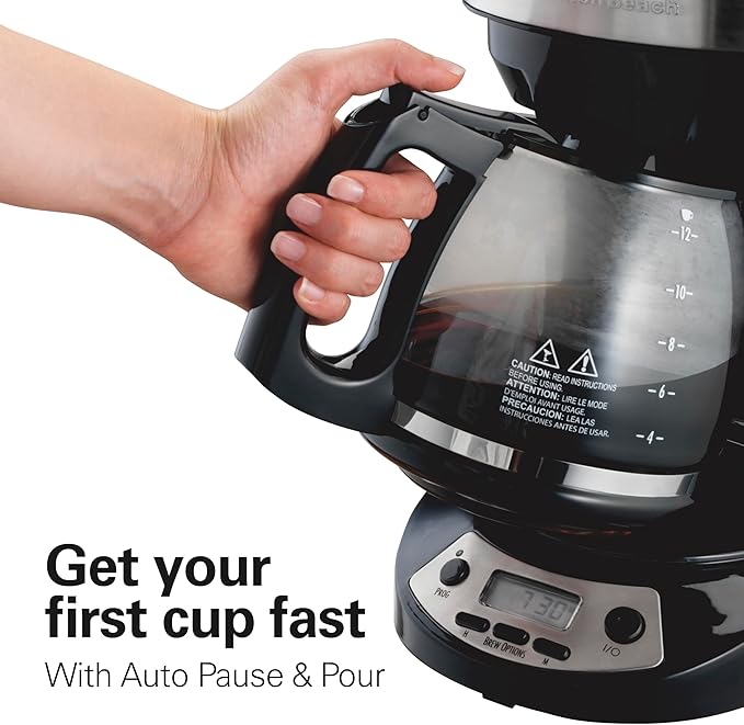 Hamilton Beach 12 Cup Programmable Drip Coffee Maker Machine, Regular & Bold Brew Options, Auto Pause and Pour, Glass Carafe, Black with Stainless Accents (46299J)