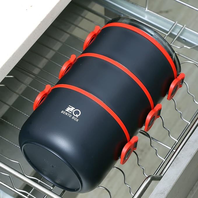 Bento Lunch Box for Adults with Bag & Utensils, 81oz Large Capacity Leakproof 3 Tier Stackable Lunch Box Containers for Adults Work, Men Women Dining Out, Insulated Bento Box Microwave Safe, Black