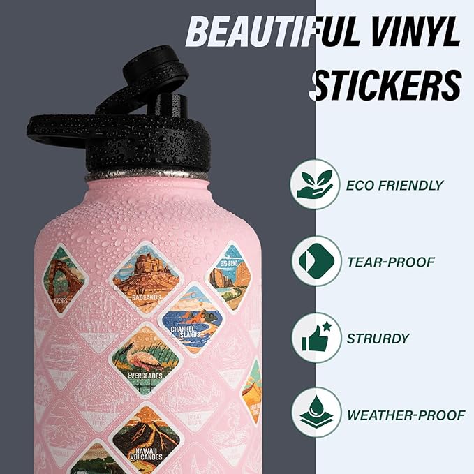 DYSANKY National Parks Water Bottle – 64 oz Insulated Stainless Steel Bottle with 63 Hand-Drawn Park Stickers, Carrier Bag, Strap & Gift Box – BPA-Free – Ideal for Hiking, Camping & Travel