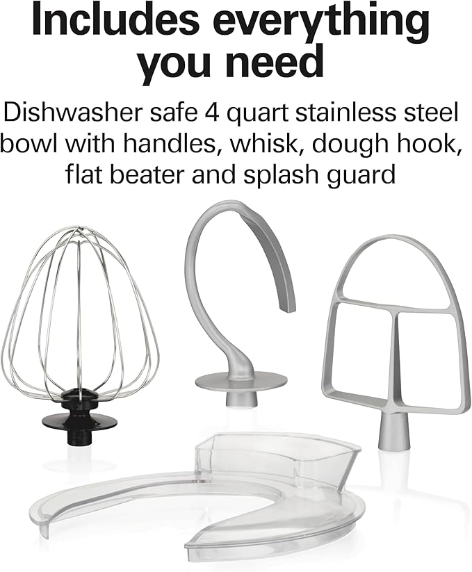 Hamilton Beach Electric Stand Mixer, 4 Quarts, Dough Hook, Flat Beater Attachments, Splash Guard, 7 Speeds with Whisk, Easy-Carry Top Handle, Red