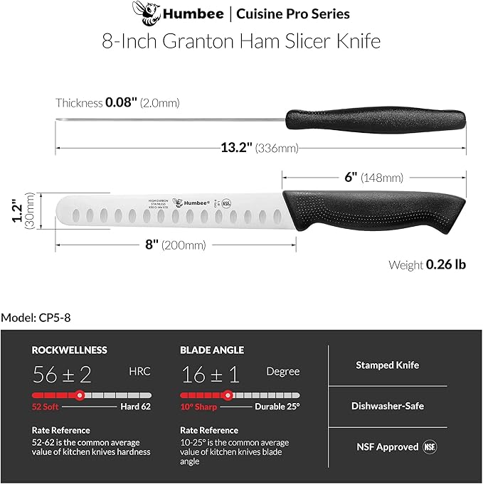 Carving Knife 8-Inch with Razor Sharp Granton Edge for Turkey, Ham, Meat Slicing and Cutting – NSF Certified, German Stainless Steel Blade, Black