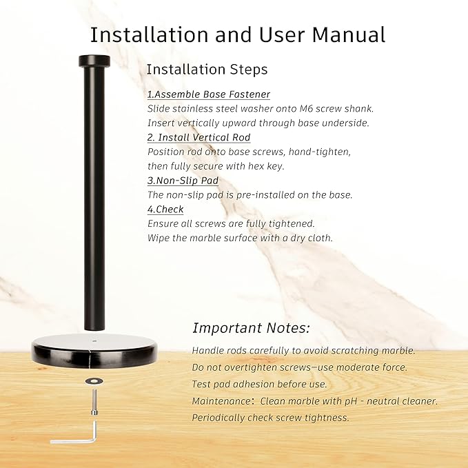 Paper Towel Holder Countertop, Heavy Weighted Black Marble Paper Towels Holder for Kitchen Counter, Modern Standing Papertowel Roll Holders(Matte Black Stainless Steel Bar, Black Natural Marble Base)