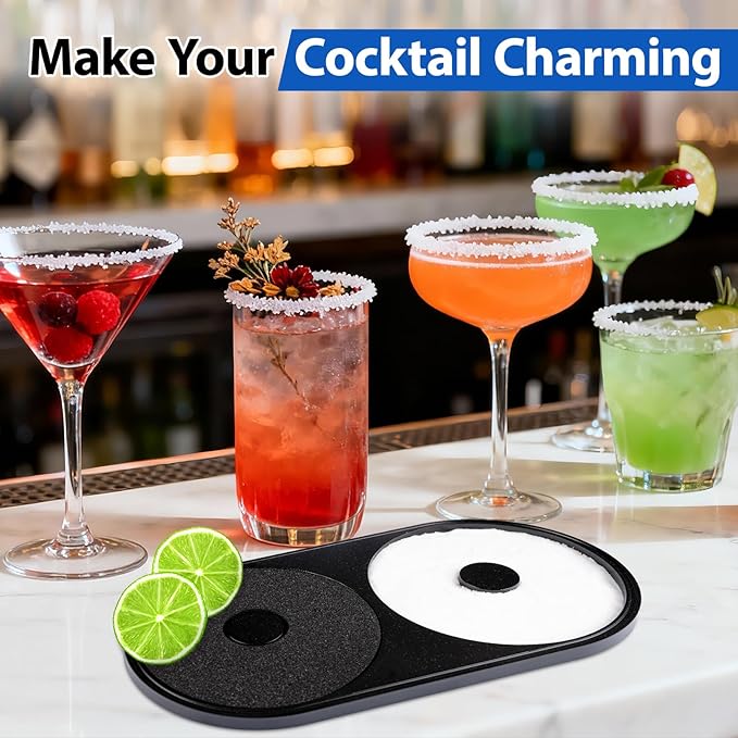 Margarita Salt Rimmer Set, 2 Pack Bar Salt and Sugar Rimmer with Sponge, 2-in-1 Bar Glass Cocktail Rim Set, Dishwasher Safe Black Barware Tools for Margarita Mojitos (Black)