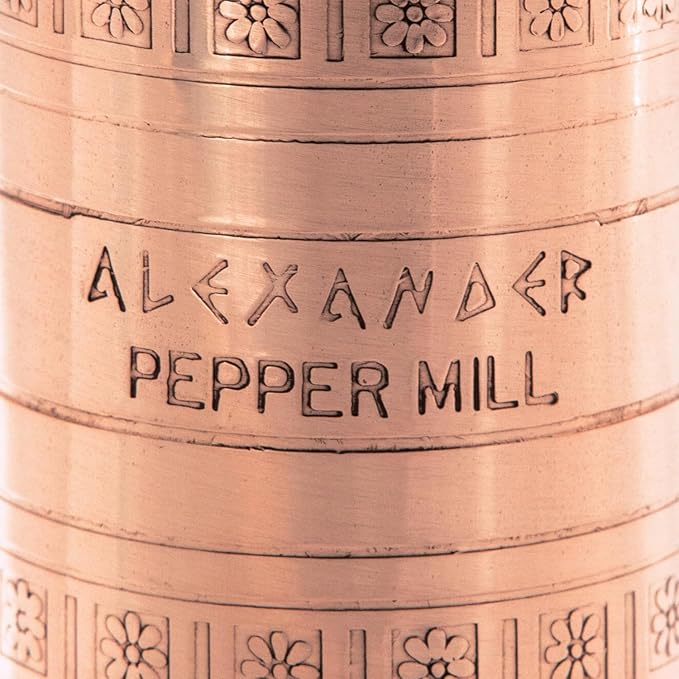 Alexander Home The Original Greek Pepper Mill 9 Inch Tall | European Pepper Mill Grinder with Crank Handle | Manual Pepper Grinder | Peppercorns Refillable - Copper…