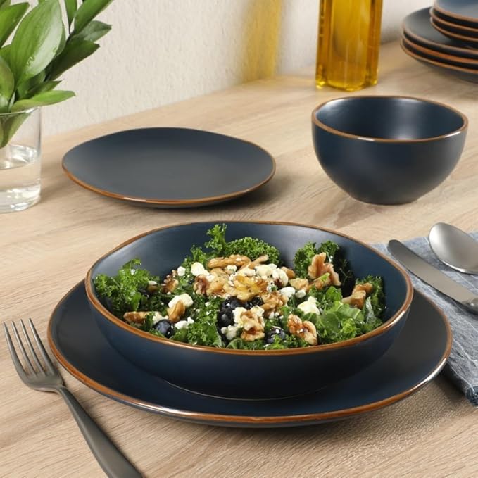 Gibson Home Hazeltine 16-Piece Navy Blue Stoneware Dinnerware Set – Plates and Bowls, Durable Ceramic Kitchen Dinner Set